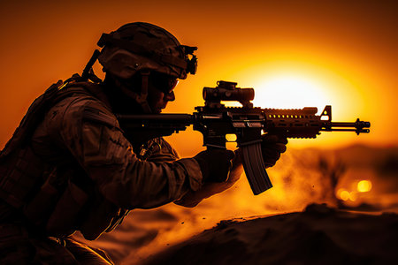 Immerse yourself in the heart of combat with this powerful. The silhouette of an unrecognizable soldier is depicted, skillfully shooting an automatic assault weapon. "Shadowed Arsenal" encapsulates the intensity of battle.の素材