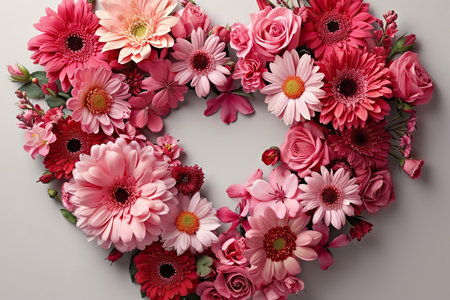 Elevate the spirit of love with this enchanting stock photograph featuring a heart symbol meticulously crafted from pink and red flowers on a white background. Ideal for Valentine's Day, birthdays, or Mother's Day, the flat lay captures the symbolic essence of love.の素材