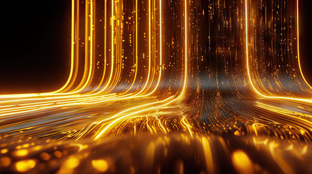 Dive into a world of radiance with this captivating 3D render. Abstract neon wallpaper features luminous yellow lines against a sleek black backdrop, portraying the essence of streaming energy.の素材