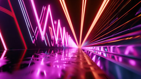 Step into the realm of connectivity with this stunning 3D render. Abstract geometric neon background symbolizes the future network, showcasing dynamic zigzag lines that glow in the dark, creating a modern wallpaper that captures the essence of digital data transfer and cutting-edge internet technology.の素材