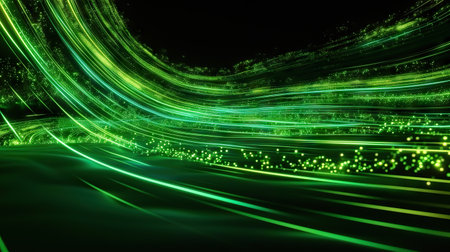 Immerse yourself in the dynamic energy of this 3D render. A captivating abstract wallpaper showcases vibrant green neon lines against a black backdrop, symbolizing a streaming flow of energy. Watch as particles move gracefully.の素材
