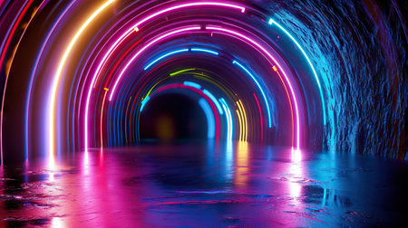 Immerse yourself in the brilliance of this 3D rendering featuring an abstract neon background adorned with vibrant, glowing lines. The empty performance stage is illuminated by captivating lights, creating a visually stunning atmosphere with reflections that enhance the overall spectacle.の素材