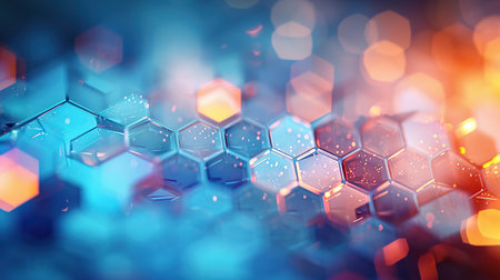 Immerse yourself in the mesmerizing beauty of this stock photo, featuring a blue hexagonal background adorned with bokeh, honeycomb patterns, and blurred city lights. The play of light in hexagonal shapes creates a captivating atmosphere, enhanced by the blurry background and colorful night lights.の素材