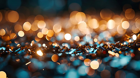 Immerse yourself in the dynamic celebration captured in this, where metal confetti with abstract shapes, accompanied by blurry bokeh and metallic scrapes, creates a visually captivating scene. The depth of field enhances the abstract background, blending light and technology in a stunning display, perfect for a high-energy party atmosphere.の素材