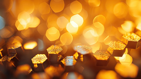 Immerse yourself in the opulent beauty of this stock photo, featuring a gold hexagonal background adorned with bokeh lights, honeycomb patterns, and blurred hex shapes. The interplay of light with hexagonal shapes creates a captivating scene, enhanced by the dreamy haze and carefully crafted depth of field.の素材
