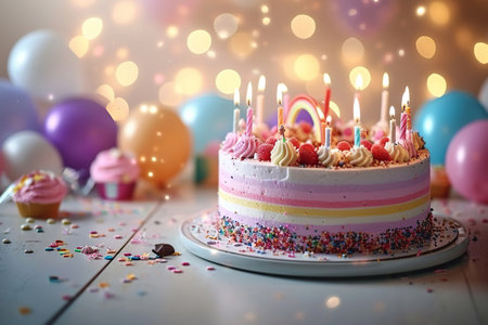 Immerse yourself in the enchantment of our stock photograph capturing the essence of a jubilant children's birthday party. Featuring a delightful pink birthday cake adorned with candles, this scene radiates joy as children have fun amidst a vibrant array of colorful cakes, rainbow balloons, and sparkling sparkles.の素材