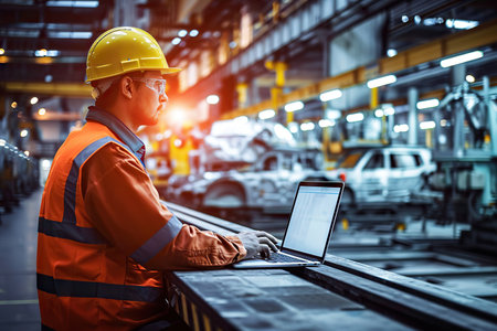 Witness the future of automotive manufacturing as a skilled engineer employs a laptop in a cutting-edge car factory. The facility showcases state-of-the-art robotic arms technology, embodying efficiency and precision in the automated assembly of vehicles.の素材