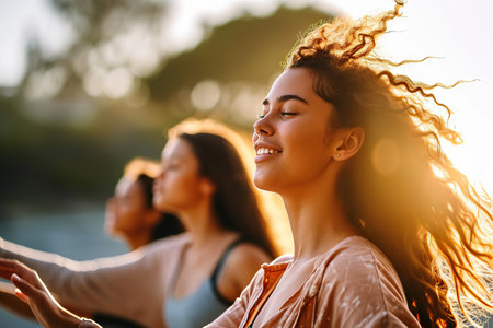 Immerse yourself in the vitality of a fitness training session at the park, where young women prepare with a pre-workout routine. Their fit and smiling demeanor radiate as they engage in deep breathing exercises on a sunny and windy summer day, creating an energizing image of health and well-being.の素材
