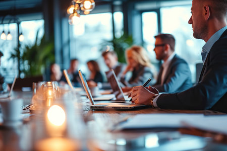 Immerse yourself in the world of corporate synergy as a business team and manager gather for a focused meeting, with a dynamic business seminar providing a blurred backdrop. This encapsulates the essence of collaborative discussions and learning in a professional environment.の素材