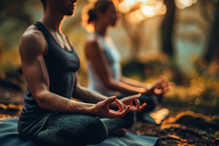 Immerse yourself in the serene atmosphere of this stock photograph, where a young couple engages in synchronized meditation and yoga poses amidst the natural beauty of a park. The image captures the essence of unity, balance.の素材