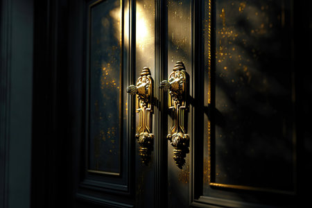 Dive into the allure of mystery and sophistication with this featuring a captivating black door adorned with an ornate gold door handle. The enigmatic ambiance invites viewers to explore their imagination, making it an ideal image for conveying elegance and mystery in various creative projects.の素材