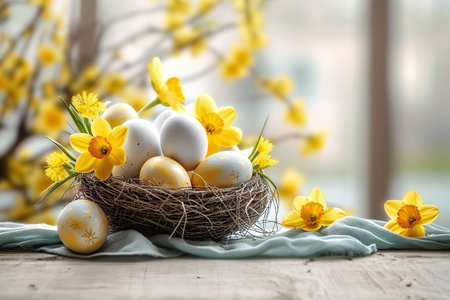 Immerse yourself in the harmonious beauty of Easter with this enchanting. Easter eggs delicately rest in a bird nest basket, complemented by vibrant yellow flowers arranged on a table.の素材