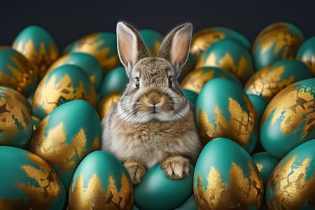 Embrace the joy of Easter with this heartwarming. A delightful little Easter bunny rabbit sits in a basket surrounded by an abundance of vibrantly painted Easter eggs, creating a whimsical and festive scene. Perfect for a holiday animal celebration greeting card.の素材