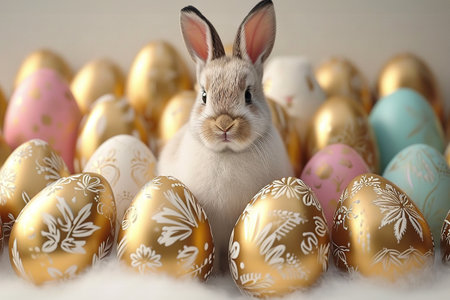 Embrace the joy of Easter with this heartwarming. A delightful little Easter bunny rabbit sits in a basket surrounded by an abundance of vibrantly painted Easter eggs, creating a whimsical and festive scene. Perfect for a holiday animal celebration greeting card.の素材