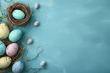Immerse yourself in the whimsical charm of Easter with this captivating. Delicate pastel-painted eggs find a cozy nest in a bird nest, set against a bright blue background table texture. Ideal for a holiday celebration banner greeting card, this composition exudes delight and elegance.の素材