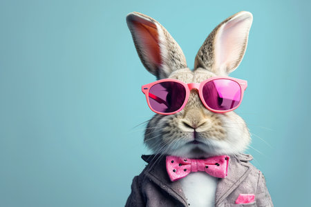 Step into the chic side of Easter with this fashionable. The cool Easter bunny rabbit, adorned in pink sunglasses and a bow tie, stands out against a stylish blue background. Perfect for a holiday animal celebration greeting card.の素材