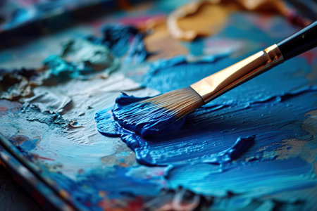 This captivating image showcases the heart of artistic creation. It features a close-up view of a paintbrush soaked in a vibrant shade of blue paint, resting against a palette filled with a spectrum of mixed colors. The detailed textures of the bristles soaked in wet paint are highlighted.の素材