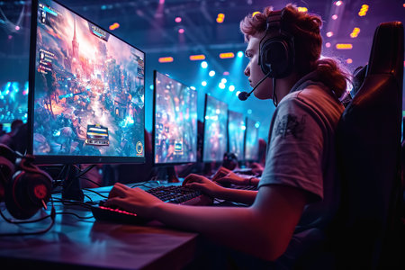 A gamer is deeply focused on their screen during an intense moment at an eSports tournament. The atmosphere is electric, illuminated by dynamic lighting that casts a mesmerizing glow on the audience and players. Multiple gaming monitors display the ongoing virtual battle, reflecting the skill and concentration of competitive gaming.の素材