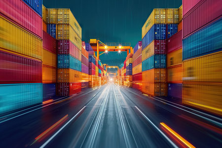 This image encapsulates the pulse of global commerce. It features a dynamic container port at dusk, where multicolored shipping containers are stacked in perfect alignment, creating a visually striking pattern. The ground is illuminated by streaks of light, suggesting rapid movement and the fast-paced nature of the logistics industry.の素材