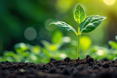 This image beautifully captures the essence of growth and renewal. It features a young plant with tender green leaves sprouting energetically from the rich, dark soil. The background, adorned with soft-focus greenery and illuminated by gentle sunlight filtering through the leaves, creates a serene and hopeful atmosphere.の素材