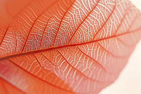 This image captures the intricate details of a leafâs vein structure, highlighted against its vibrant red hue. The close-up view reveals the mesmerizing patterns formed by nature, accentuated by soft lighting that casts gentle shadows and highlights.の素材