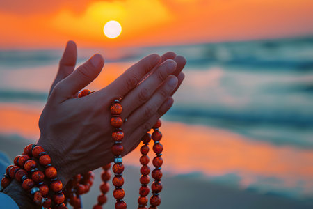 This image captures an individual in a moment of reflection or prayer, their hands clasped together, facing the breathtaking view of the sunset over the ocean. The warm hues of the setting sun paint a serene and tranquil atmosphere.の素材