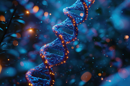 This captivating image captures the essence of a glowing DNA strand, intricately detailed and illuminated, set against the backdrop of an ethereal forest. The intertwining helix is adorned with sparkling lights, symbolizing the enigmatic dance of lifeâs building blocks.の素材