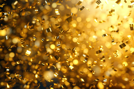 This image beautifully captures a moment of pure joy and celebration. The air is filled with golden confetti and sparkles, creating a dynamic and festive atmosphere. The confetti, captured in mid-air, varies in size and focus, adding depth and movement to the scene. The background is filled with a bokeh effect.の素材