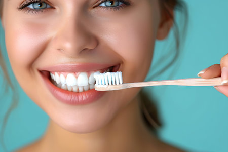 This image captures an enigmatic scene where a person, their face intentionally blurred, holds a wooden stick close to their face. The calming turquoise background contrasts with the subject, enhancing the air of mystery and intrigue.の素材