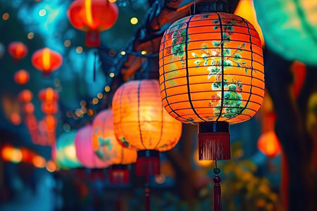 This image captures the mesmerizing glow of traditional Asian lanterns adorned with intricate floral patterns. The lanterns, illuminated in vibrant hues of blue, red, and orange, create a magical atmosphere that invites viewers into a world where tradition meets contemporary artistry.の素材