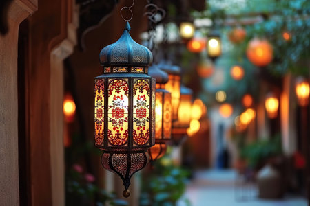 This image captures the serene atmosphere of an alley illuminated by a beautifully crafted lantern. The intricate design and warm light of the lantern create an inviting and mystical ambiance, accentuating the architectural details of the surrounding space.の素材