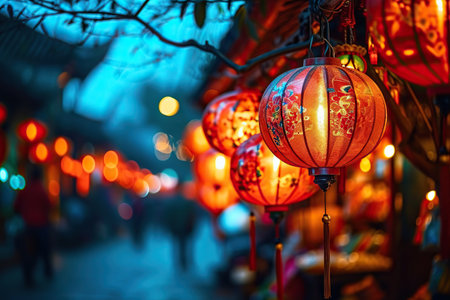 This image captures the vibrant atmosphere of a street adorned with illuminated red lanterns during an evening festival. The lanterns, featuring intricate designs, cast a warm glow that illuminates the bustling street filled with people enjoying the festivities. The backdrop is a blend of traditional and modern elements, showcasing a rich cultural tapestry.の素材