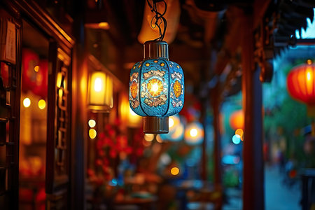 This captivating image captures the essence of an enchanting evening in an Asian setting. A beautifully detailed traditional lantern, adorned with intricate designs and vibrant colors, casts a warm and inviting glow. The ambient lighting illuminates the serene street, showcasing an array of lanterns that create an atmosphere of tranquility and cultural richness.の素材