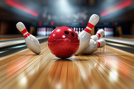 This image captures the intense moment a red bowling ball strikes the pins, showcasing a perfect blend of motion and energy. The wooden lanes are polished to perfection, reflecting the vibrant lights that illuminate this dramatic scene.の素材