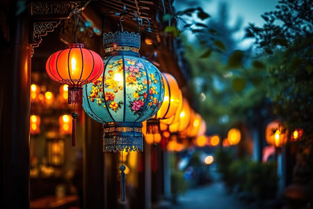This image beautifully captures the essence of traditional Asian culture. It features multiple colorful lanterns, each adorned with intricate designs and emitting a soft glow, hanging from a wooden structure in a serene outdoor setting.の素材