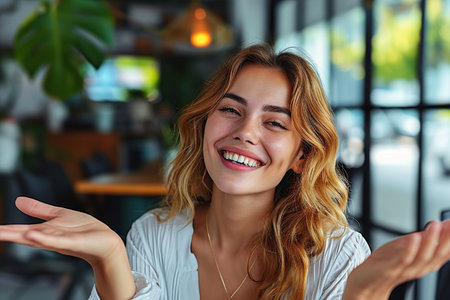 This image captures an individual with their face obscured to maintain privacy, positioned in a well-lit, contemporary cafe. The personâs open palms and shrugged shoulders express a sense of uncertainty or surprise. The background reveals a stylish interior with modern lighting and greenery.の素材