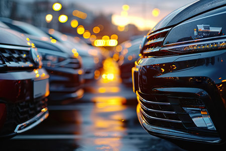 A captivating image capturing the elegance and sleek design of a modern car, accentuated by the warm, ambient lighting of street lamps. The wet ground reflects the lights, adding a dramatic and aesthetic appeal to the scene. Ideal for automotive advertisements, urban lifestyle portrayal, or artistic presentations.の素材