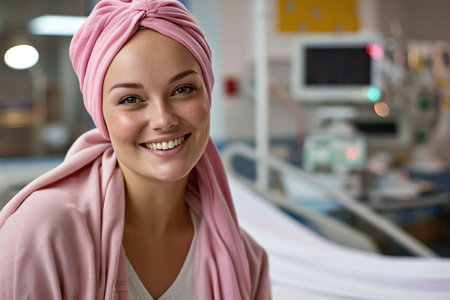 Celebrate the triumph of hope and strength as a brave young girl, adorned in a pink headscarf, beams with joy after completing her chemotherapy treatment at the hospital's oncology department. This heartwarming portrait captures the essence of leukemia cancer recovery, portraying the resilience and positivity that defines a true cancer survivor.の素材
