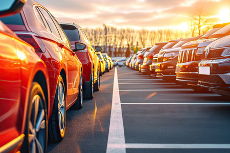 This dynamic captures a bustling outdoor parking lot, highlighting the availability of used cars for sale and rental services. The image serves as a versatile background for car insurance-related content.の素材