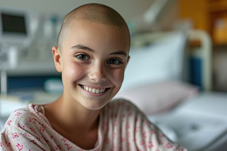 This evocative image captures a cancer bald individual, dressed in a patterned hospital gown, in a moment of solitude and reflection. Their face is intentionally obscured to maintain privacy. Surrounded by the complexity of medical equipment, tubes, and wires, they sit in a serene atmosphere.の素材