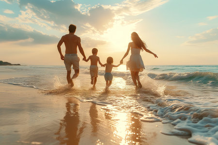 This captivating image captures a family of four, silhouetted against the golden hues of sunset, as they walk hand-in-hand along the shoreline. The gentle waves kiss their feet, and their reflections dance on the wet sand.の素材