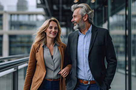 This image portrays two business professionals, a woman and a man, walking side by side in a modern urban setting. Dressed in stylish business attire, they appear to be engaged in a conversation, suggesting an impromptu meeting or discussion outside the office.の素材