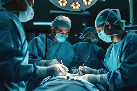 This image captures a team of surgeons, deeply focused, performing a surgery. The intensity and concentration are palpable, highlighted by the bright operating lights that illuminate the sterile environment.の素材