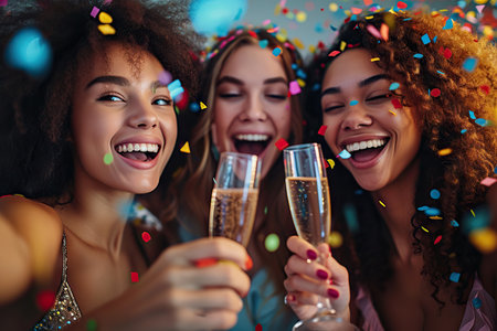 This image captures the essence of celebration, featuring three individuals with their faces obscured, holding champagne flutes amidst a vibrant shower of confetti. The atmosphere is lively and festive, illuminated by soft.の素材
