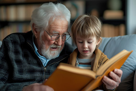 This image beautifully captures an intimate moment between an elderly individual and a young child, both deeply engrossed in a shared reading experience. Seated on a comfortable couch in a cozy indoor setting filled with books.の素材