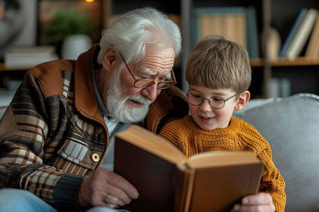 This image beautifully captures an intimate moment between an elderly individual and a young child, both deeply engrossed in a shared reading experience. Seated on a comfortable couch in a cozy indoor setting filled with books.の素材