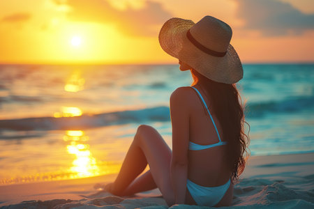 This image captures a person sitting on the beach, adorned with a straw hat, gazing at the mesmerizing sunset over the ocean. The golden hues of the setting sun illuminate the waves.の素材