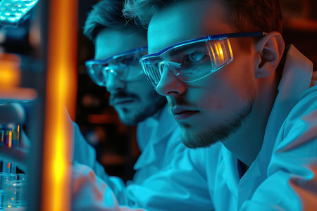 This image captures two professionals immersed in an advanced technological setting, interacting with a complex digital interface that displays various shapes and lines. Their faces are blurred, maintaining privacy and emphasizing the focus on the vibrant lights of the digital display.の素材