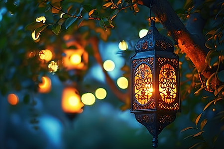 A captivating image capturing the serene beauty of a lush garden at dusk. An ornate lantern, adorned with intricate designs, casts a magical glow that illuminates the surrounding foliage, creating an atmosphere of tranquil enchantment.の素材