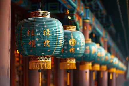 This image captures the essence of traditional Chinese culture. The focus is on ornate lanterns, adorned with intricate floral designs, casting a warm and inviting glow within the serene temple interior. The rich colors and detailed craftsmanship tell a story of heritage and artistry.の素材
